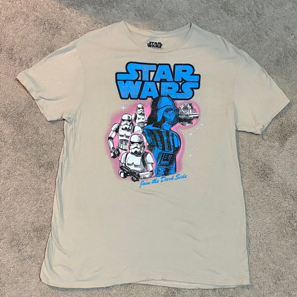 Star Wars Men’s Beige Graphic T, featuring Darth Vader, Stormtroopers